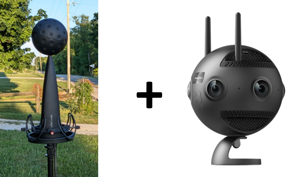A Sennheiser AMBEO ambisonic microphone rig next to a 360-degree VR camera used for Immersive's proprietary scene capture