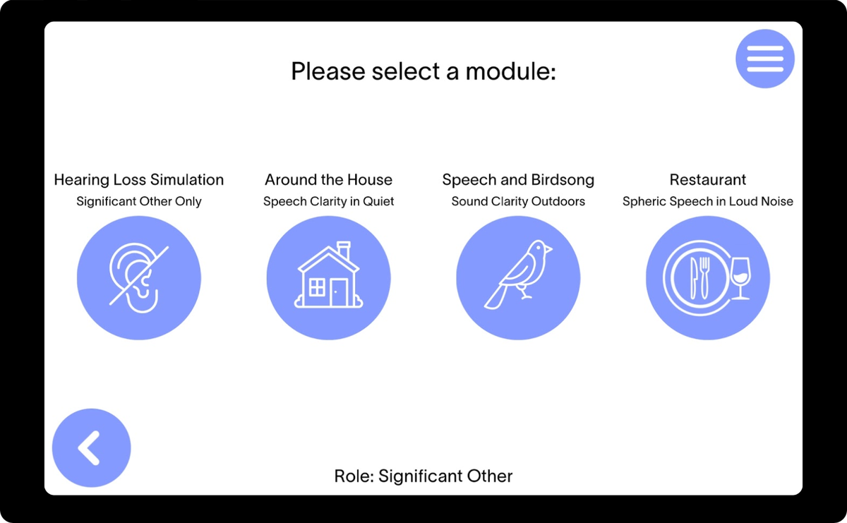 Engage app scene selection screen showing Hearing Loss Simulation, Around the House, Speech and Birdsong, and Restaurant modules
