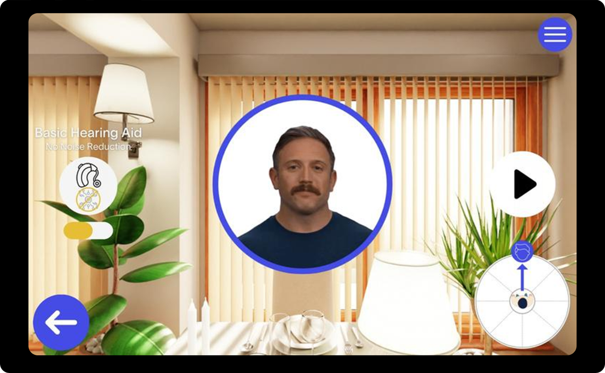 Engage app scene showing a living room environment with a toggle to switch hearing aid technology on and off