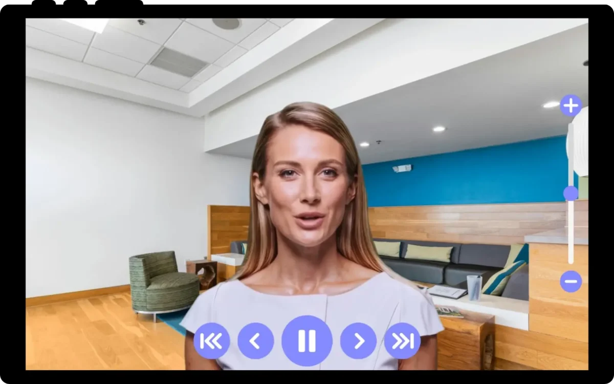 Engage app self-guided video screen of a clinician introducing the demo in a clinic lobby