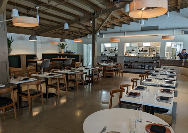A restaurant dining room set up for on-location audio recording