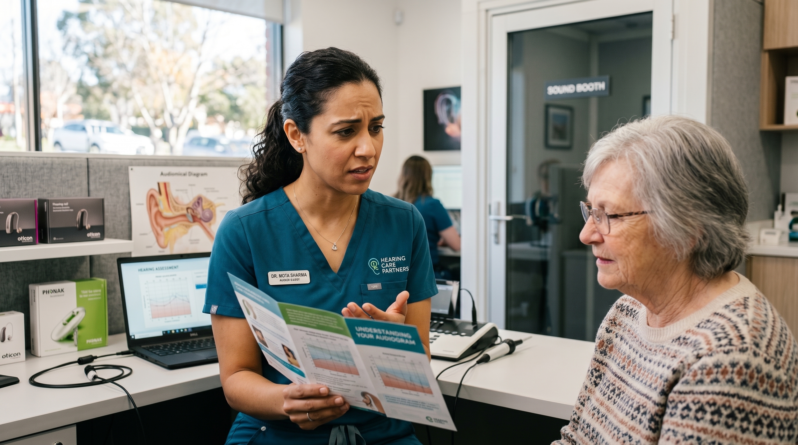 An audiologist explains an audiogram brochure to a patient, who listens but doesn't fully grasp it