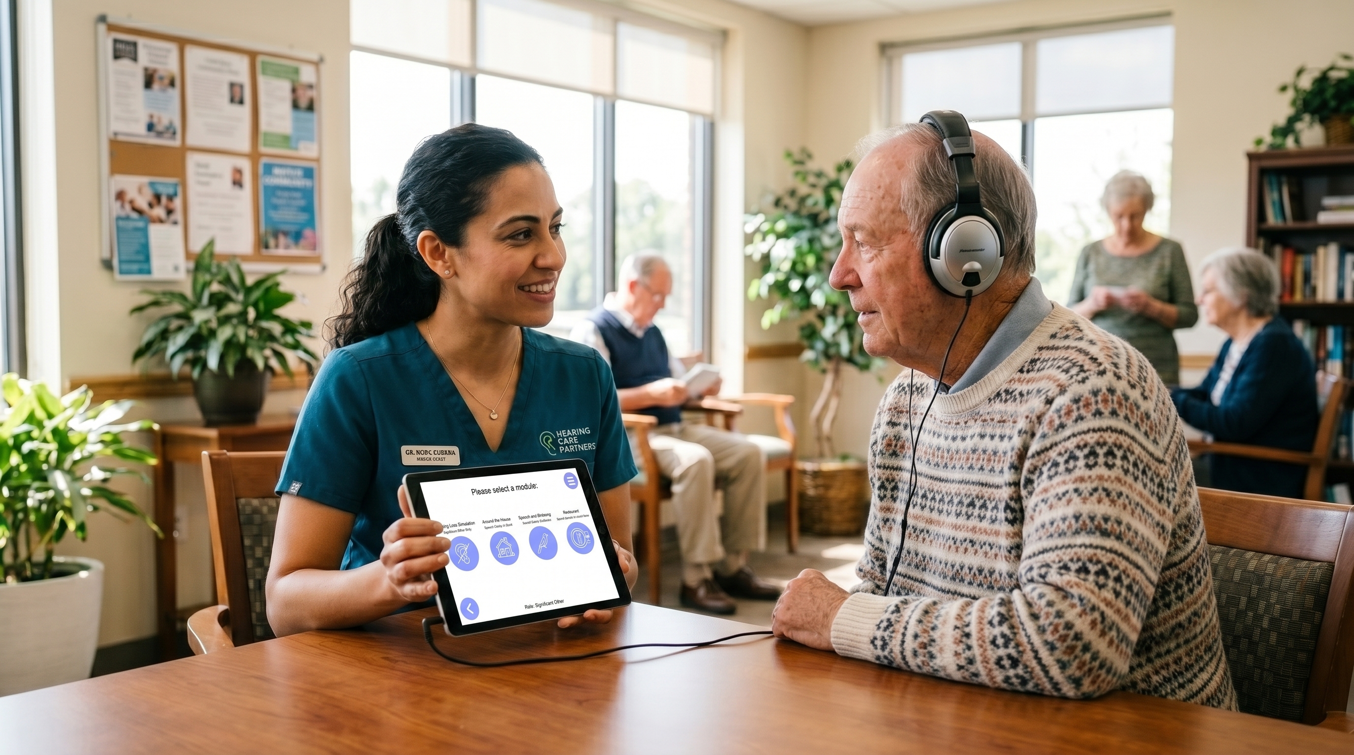 An audiologist shows a patient the Engage module selection screen on a tablet during a screening visit