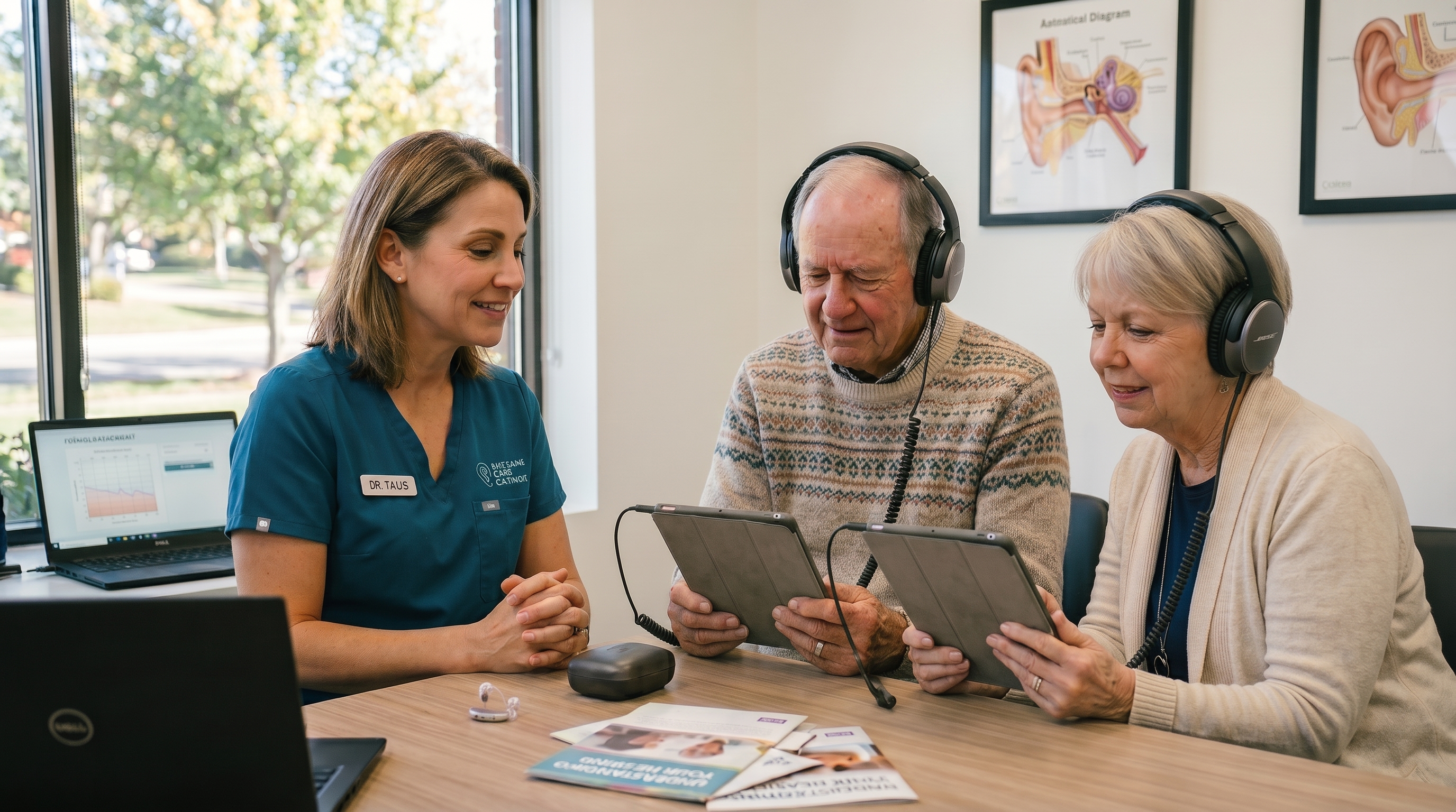 A patient and companion each wear headphones and hold tablets while their audiologist looks on