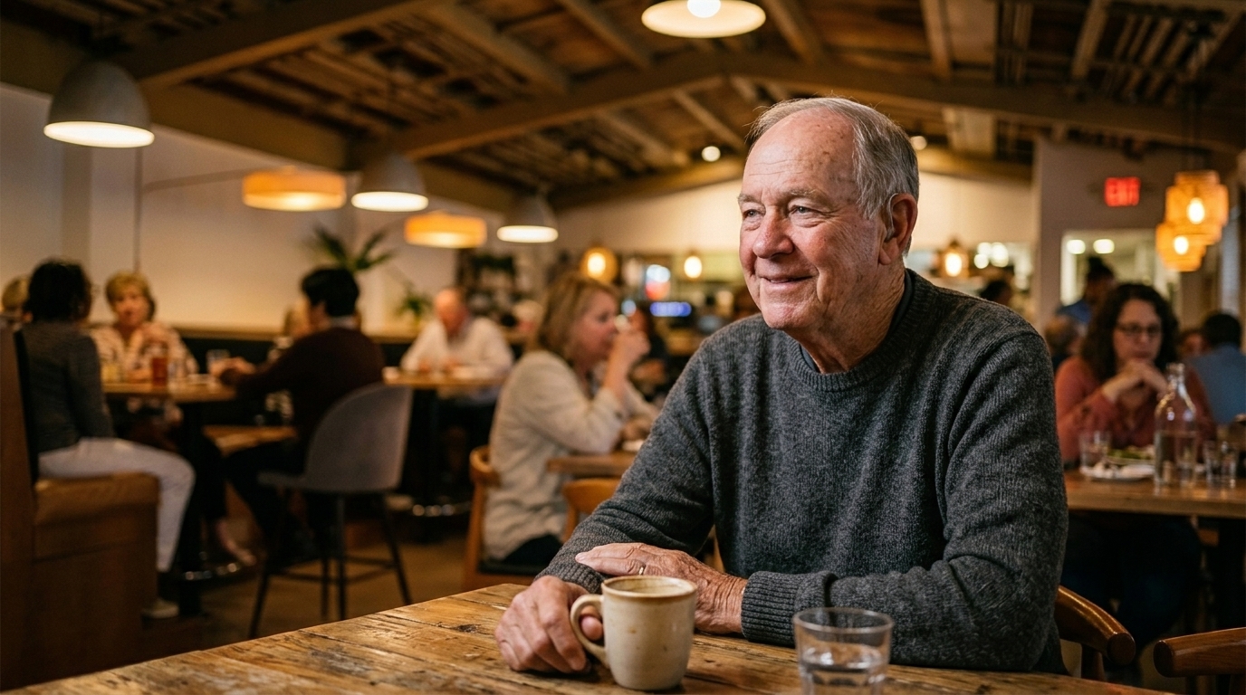 An older man sits at a table in a busy, loud restaurant, smiling as he listens to the conversation around him