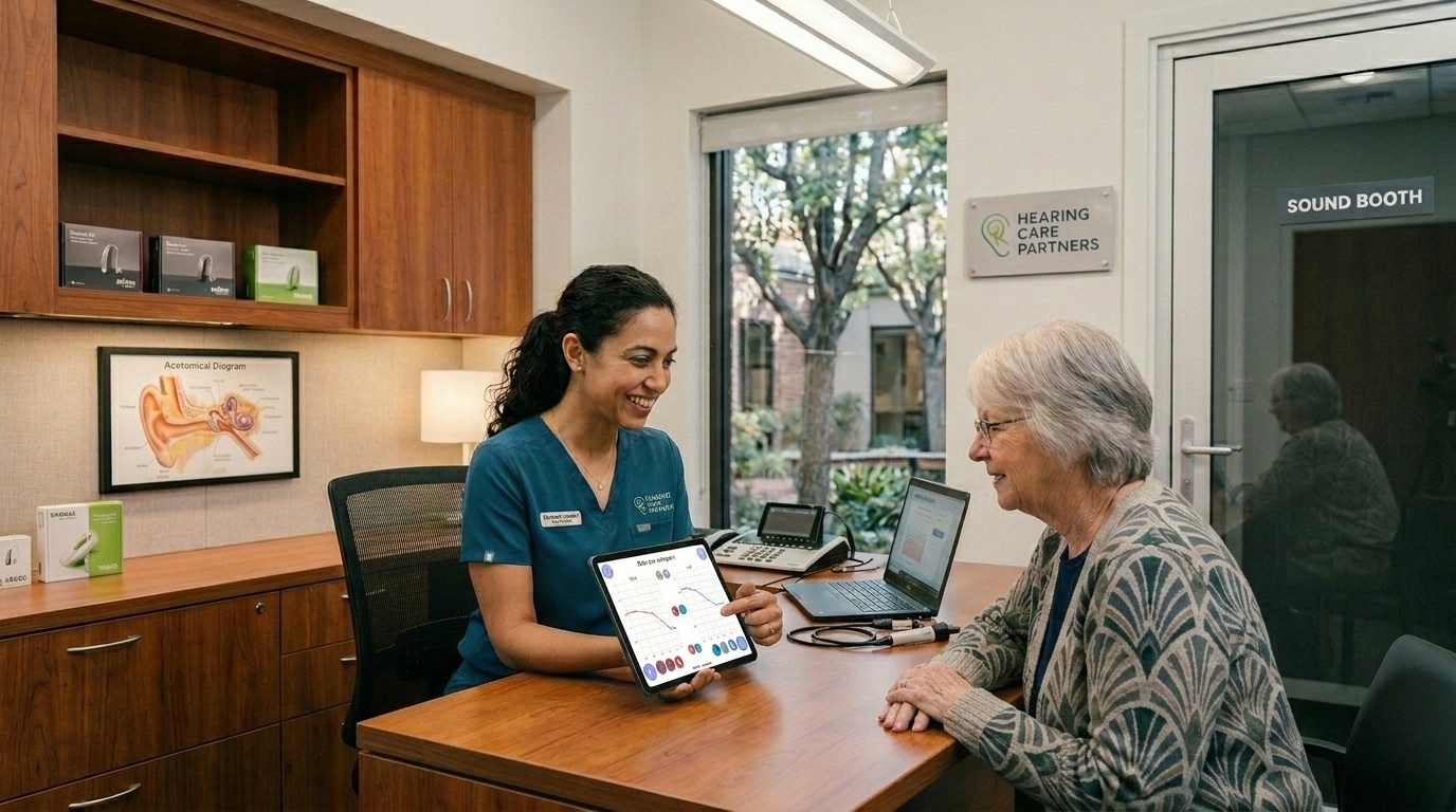An audiologist walks a patient through the Engage tablet module selection during a full consultation