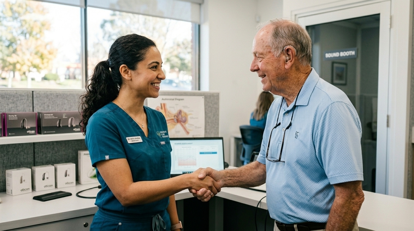 An audiologist shakes hands with a smiling patient after a successful Engage demo