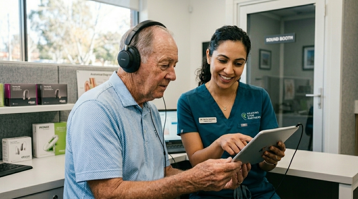An audiologist reviews the Engage tablet with a patient wearing headphones