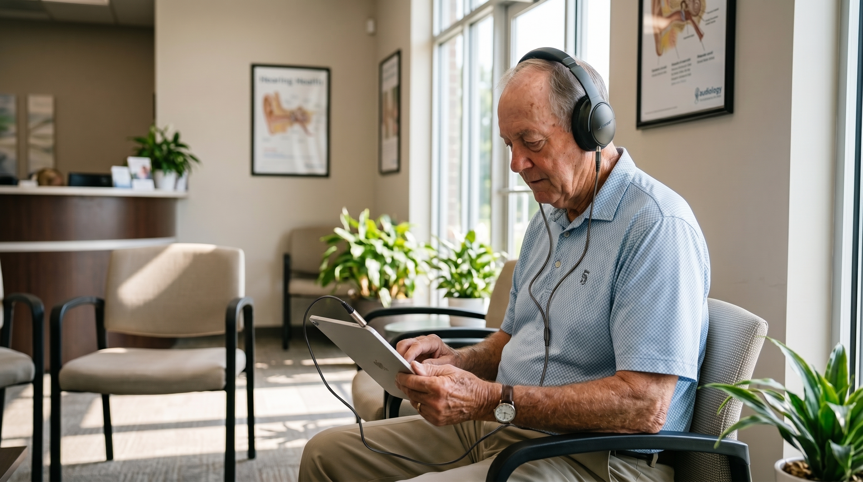 A patient in a clinic waiting room uses the Engage tablet in self-guided mode, wearing headphones
