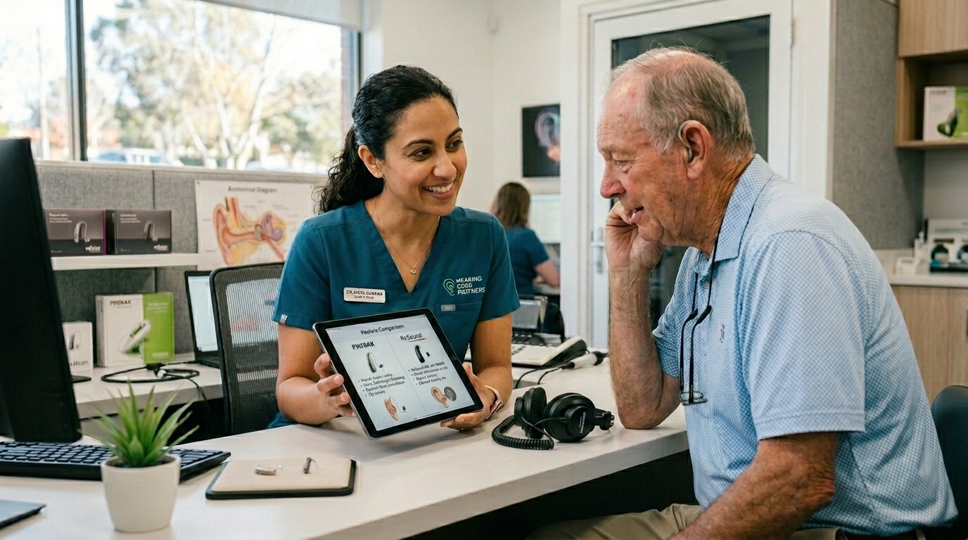 An audiologist shows a patient a feature comparison between two hearing aid models on a tablet